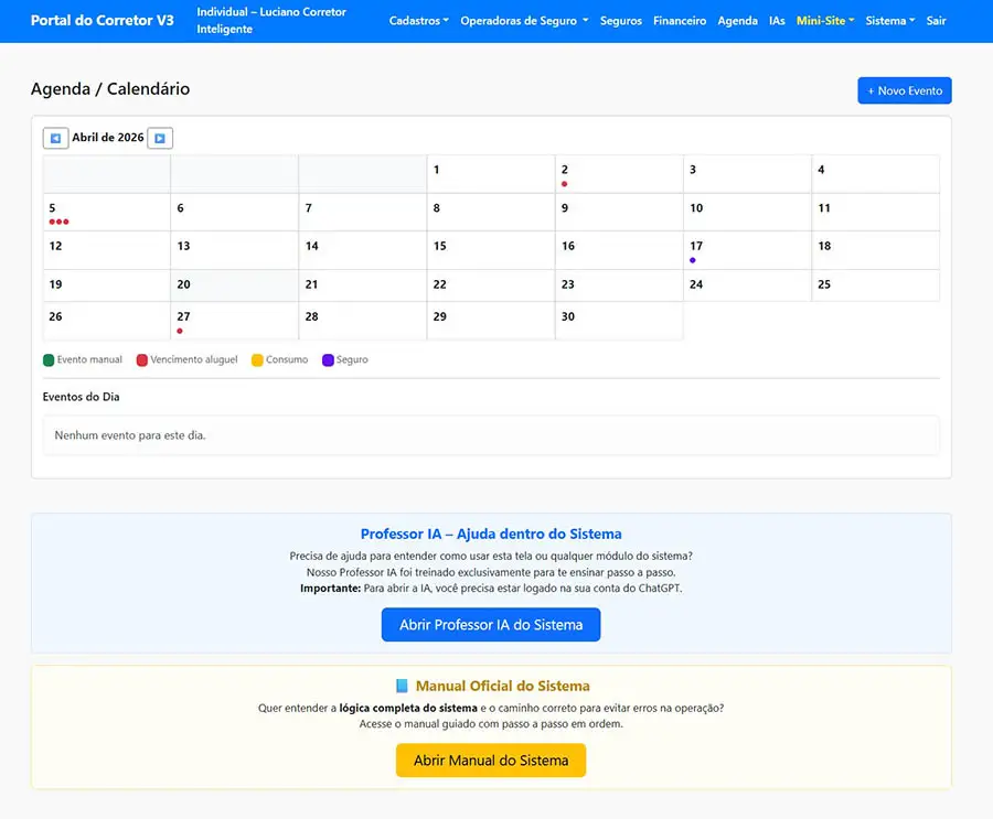 Tela da agenda integrada ao sistema