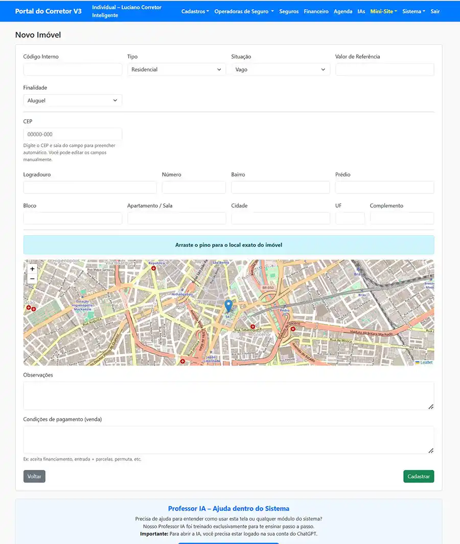 Tela de cadastro de imóveis no sistema