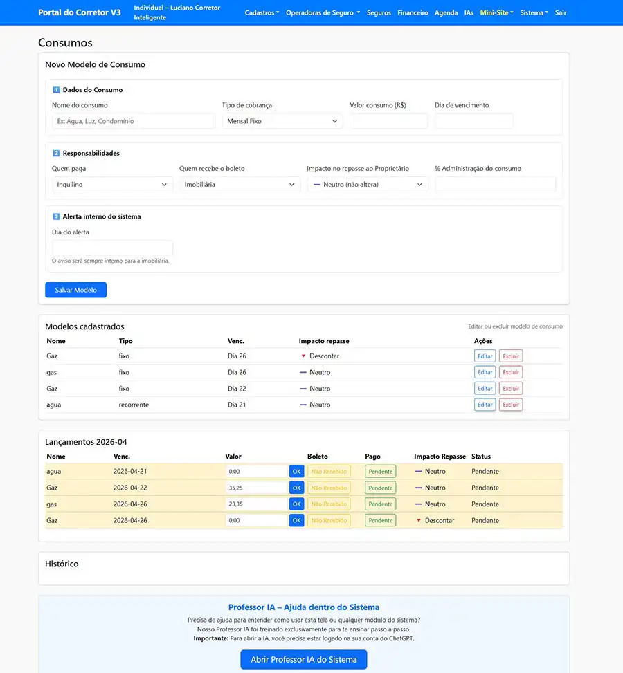 Tela de cadastro de consumos no sistema