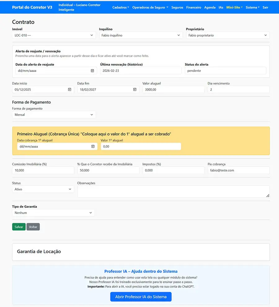 Tela de gestão de contratos no sistema